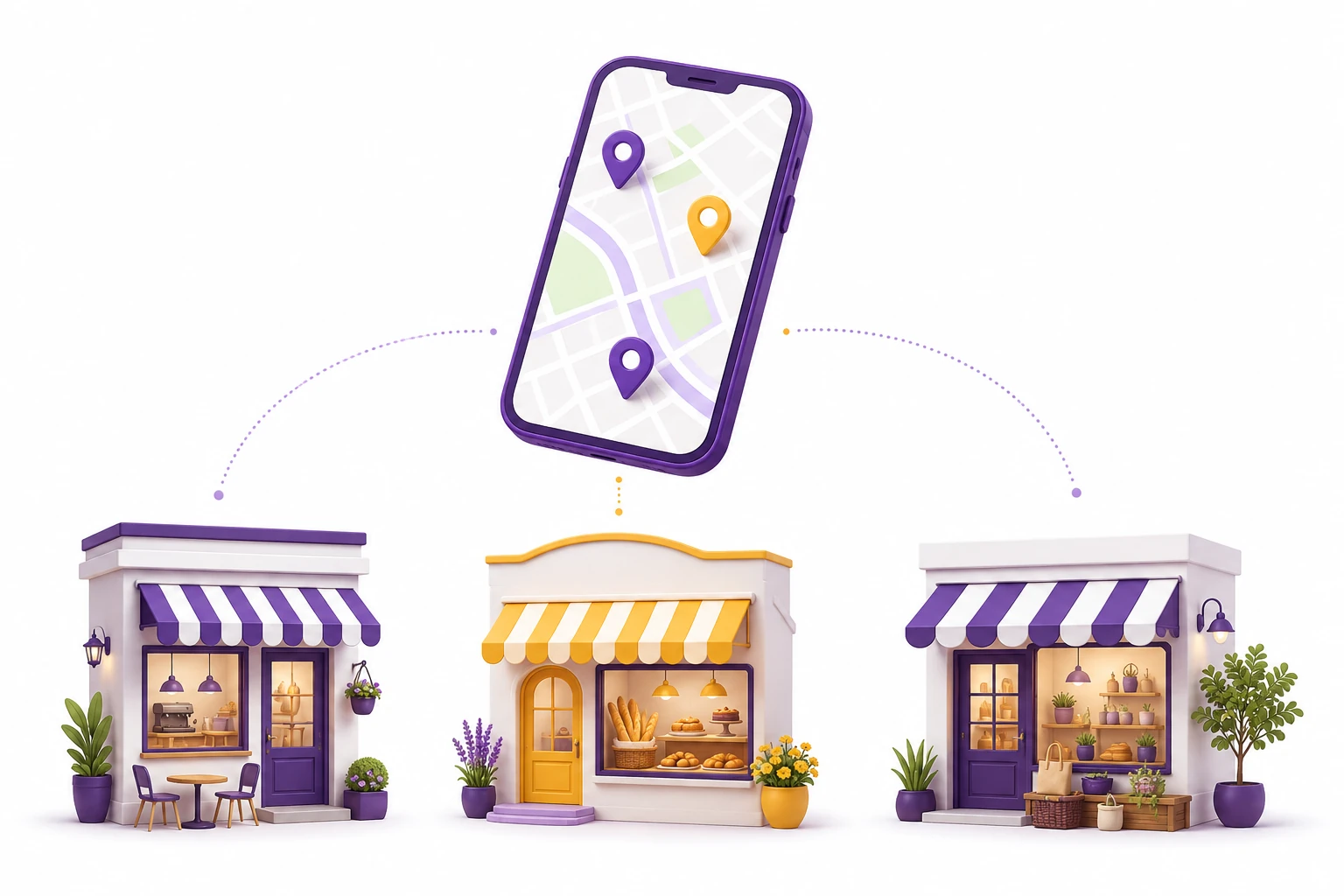 Illustration of neighborhood shops connected to a local discovery app.