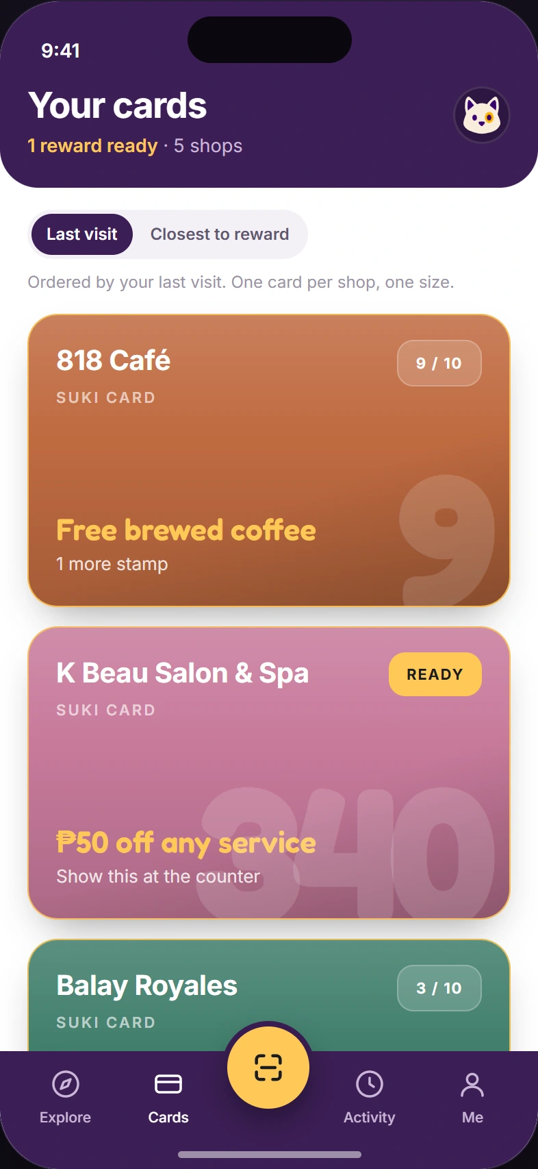 Illustrative Sukie Cards screen showing separate loyalty programs.