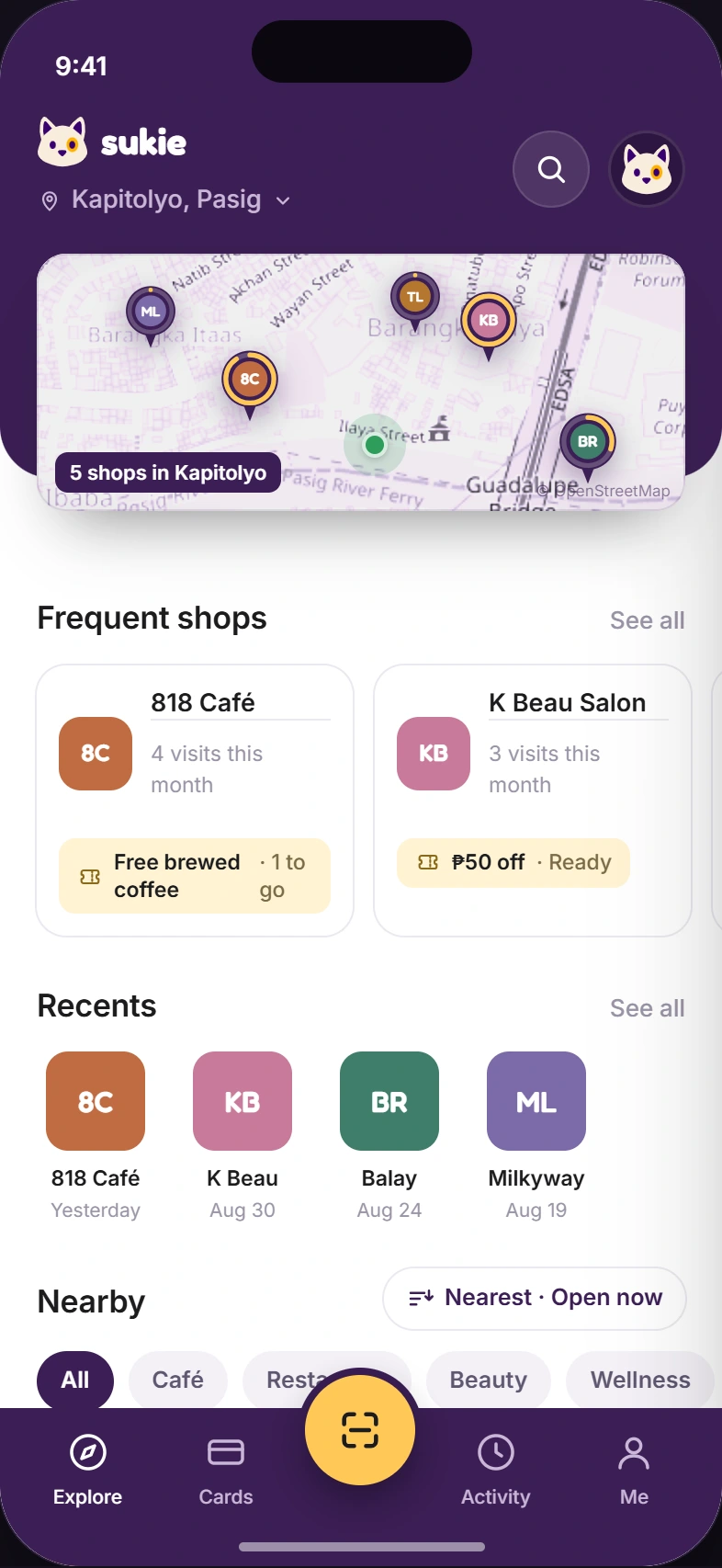 Illustrative Sukie Explore screen showing nearby participating shops.